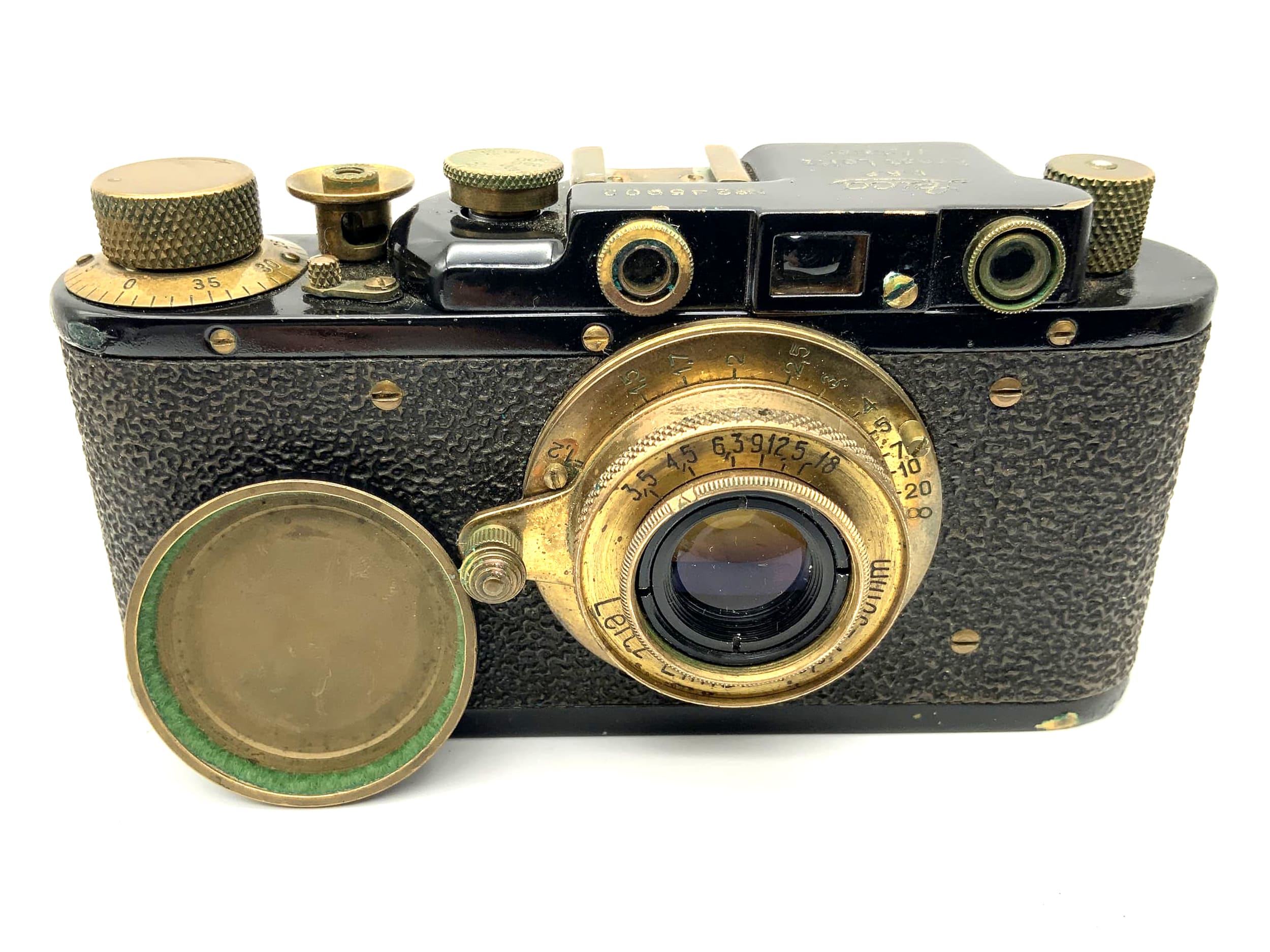 Leica IIIa with Elmar 50mm USSR replica viewfinder camera, black and gold, like Leica 3a