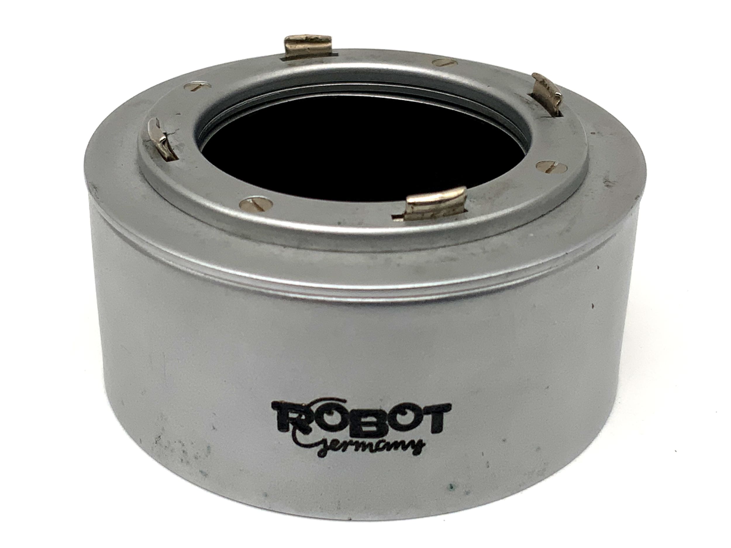 Robot extendable lens hood, silver aluminum metal, sun visor