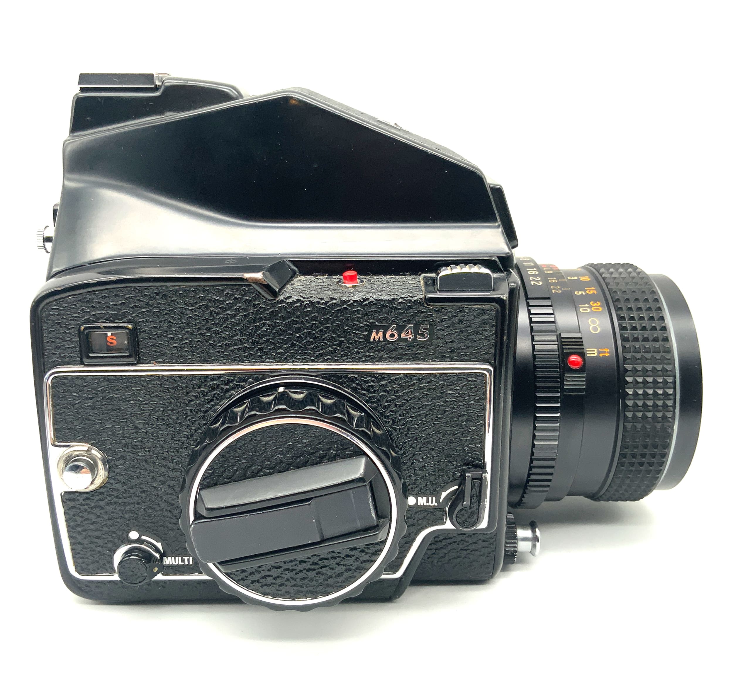 Mamiya M645 Mittelformatkamera mit Sekor C 80mm 1:2.8 mit Magazin und Prisma