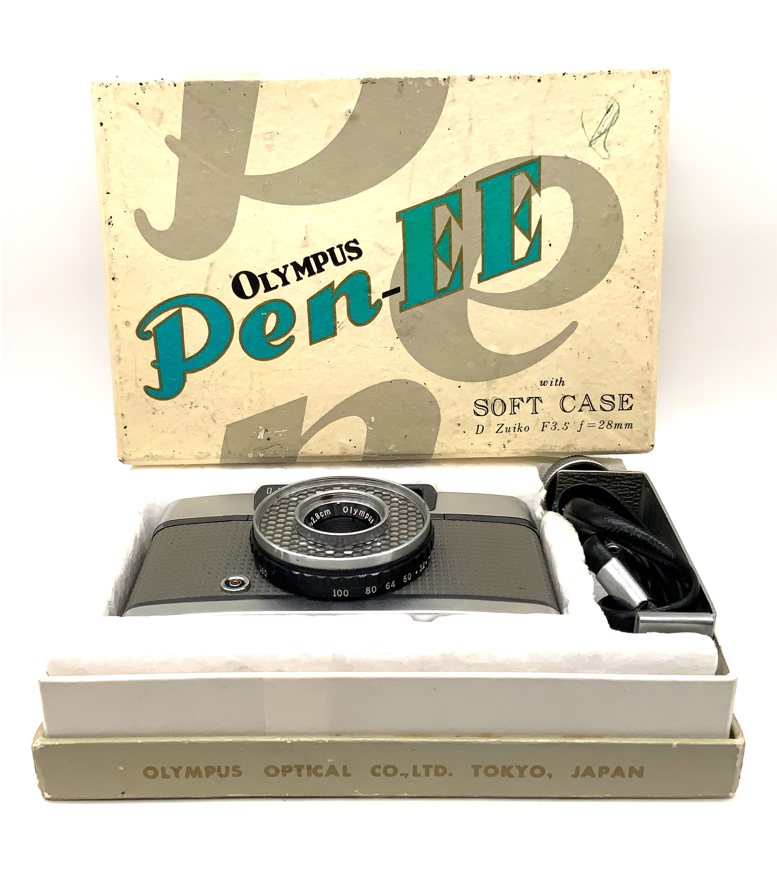 Olympus PEN-EE rangefinder camera with D.Zuiko 28mm 1:3.5 lens in original packaging, analog camera