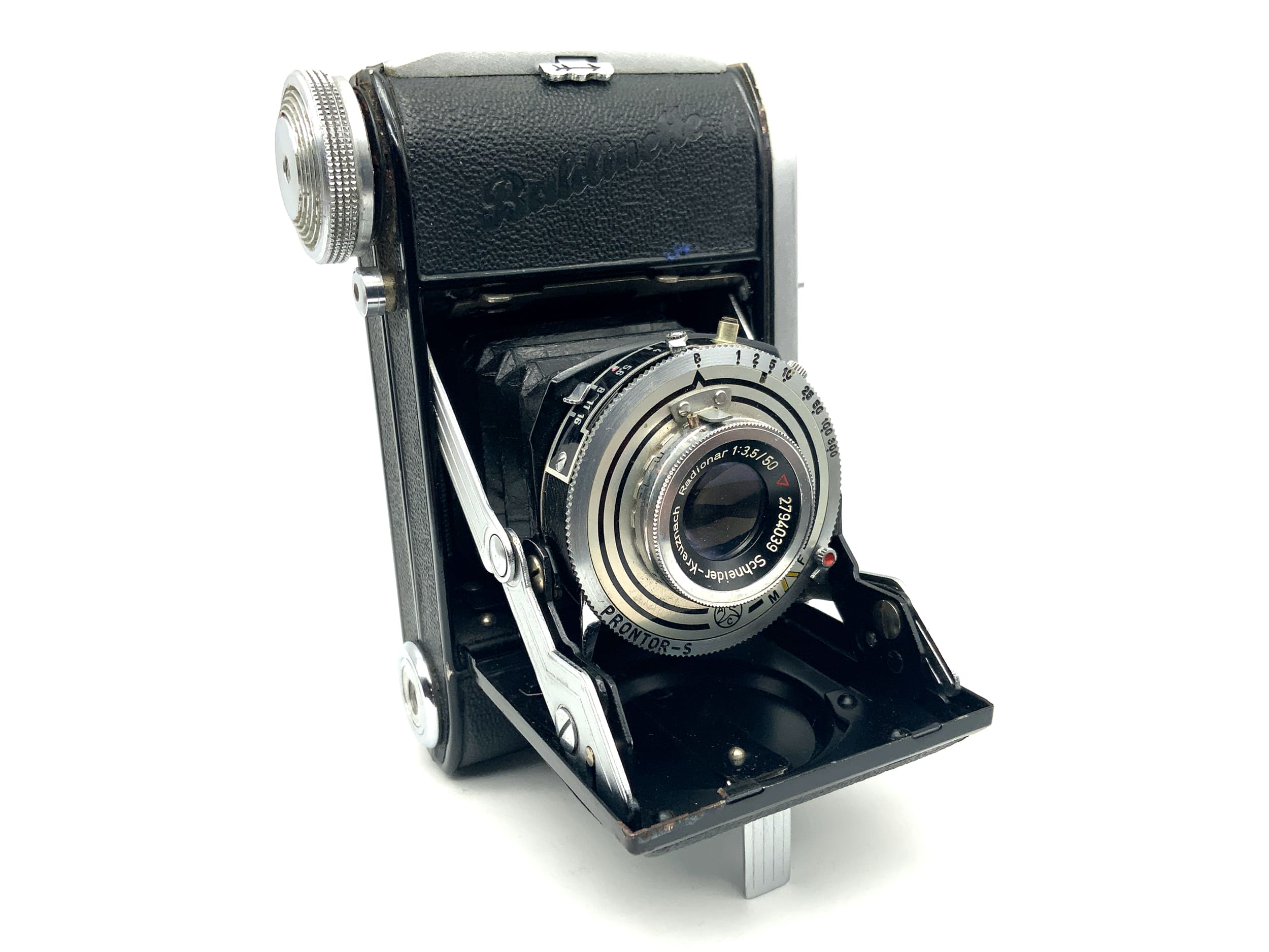 Balda Baldinette I folding camera with Radionar 50mm f/3.5 Pronto-S, rare engraving