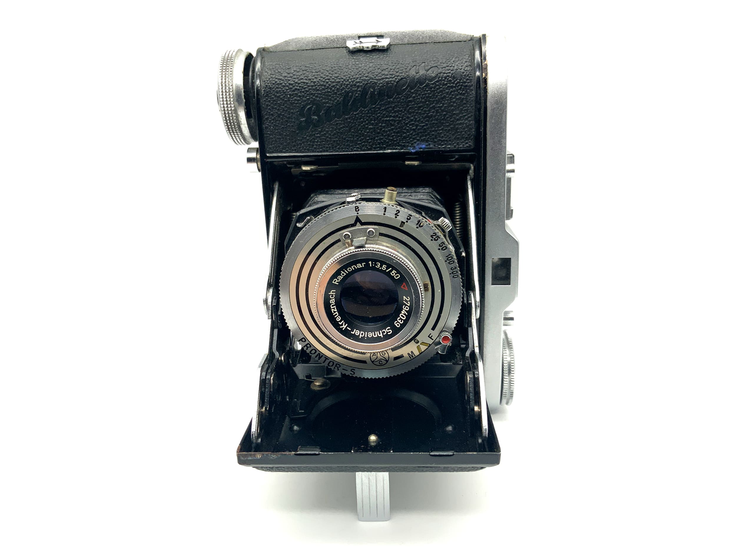 Balda Baldinette I folding camera with Radionar 50mm f/3.5 Pronto-S, rare engraving