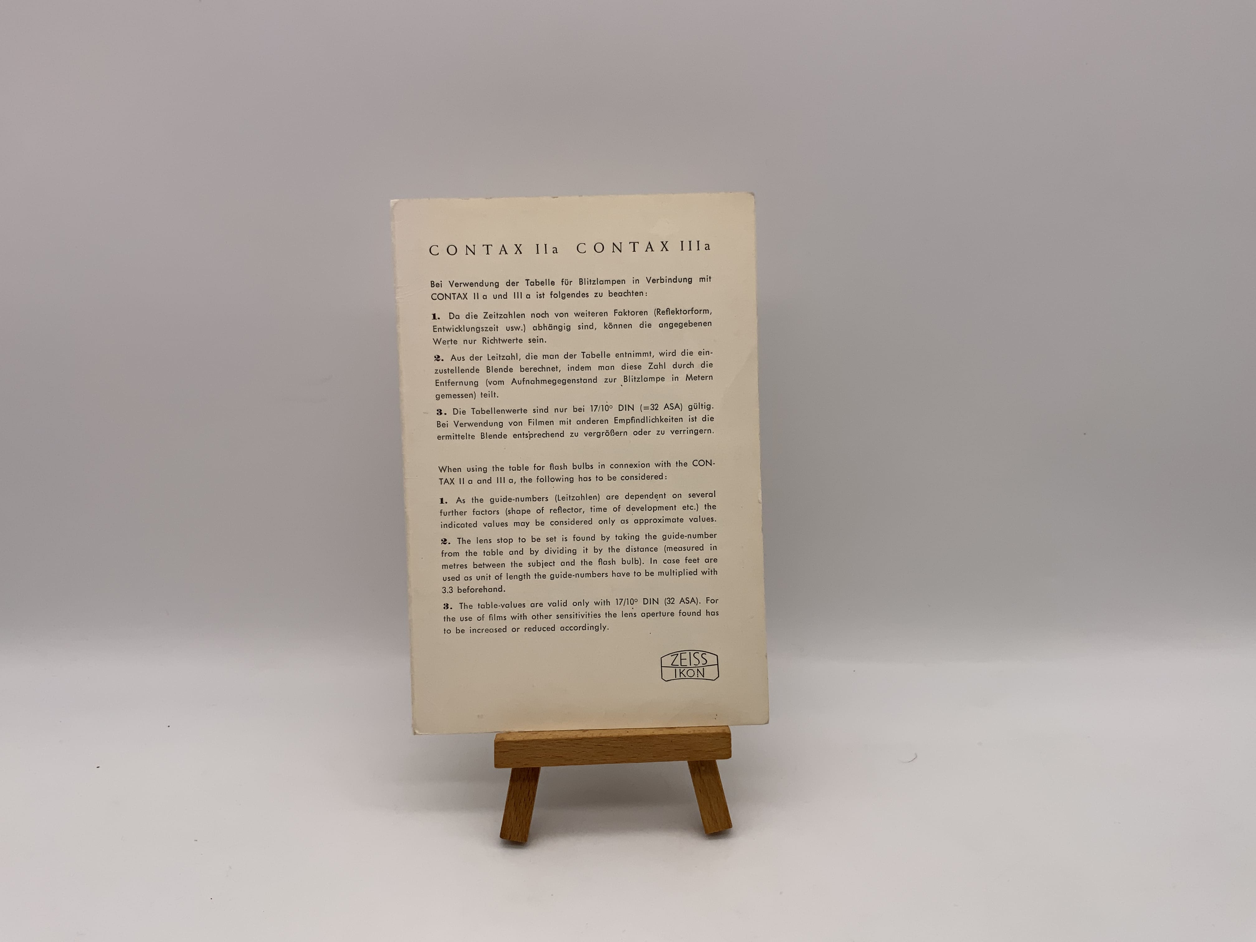 Contax IIa and IIIa for lightning bolts (German table)