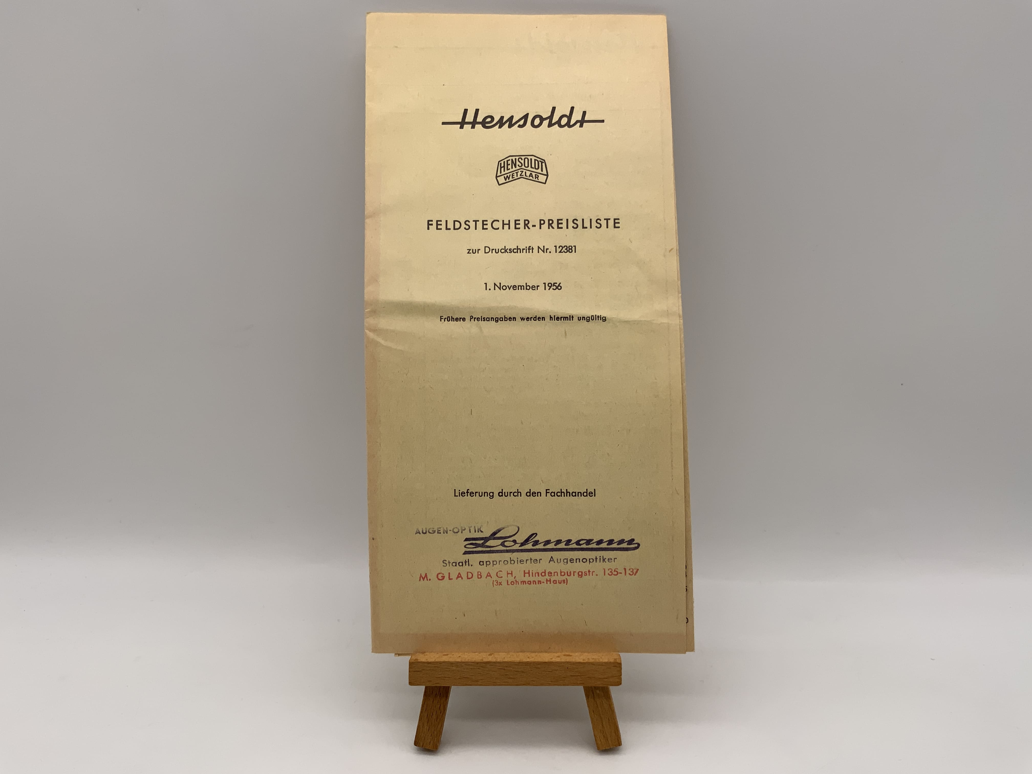 Hensoldt Wetzlar Binoculars Price List November 1, 1956 German