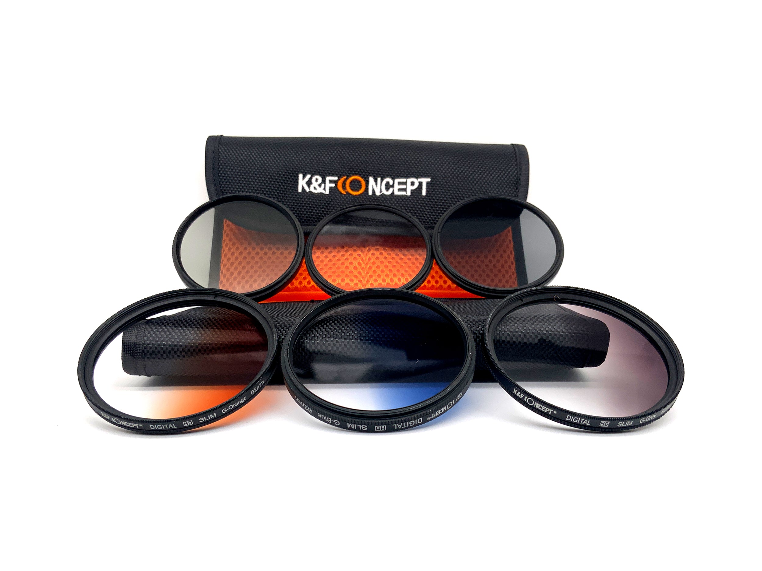 K&F Concept 6x Filterset UV, CPL, ND4, Verlaufsfilter Orange/Blue/Grey+Case 62mm