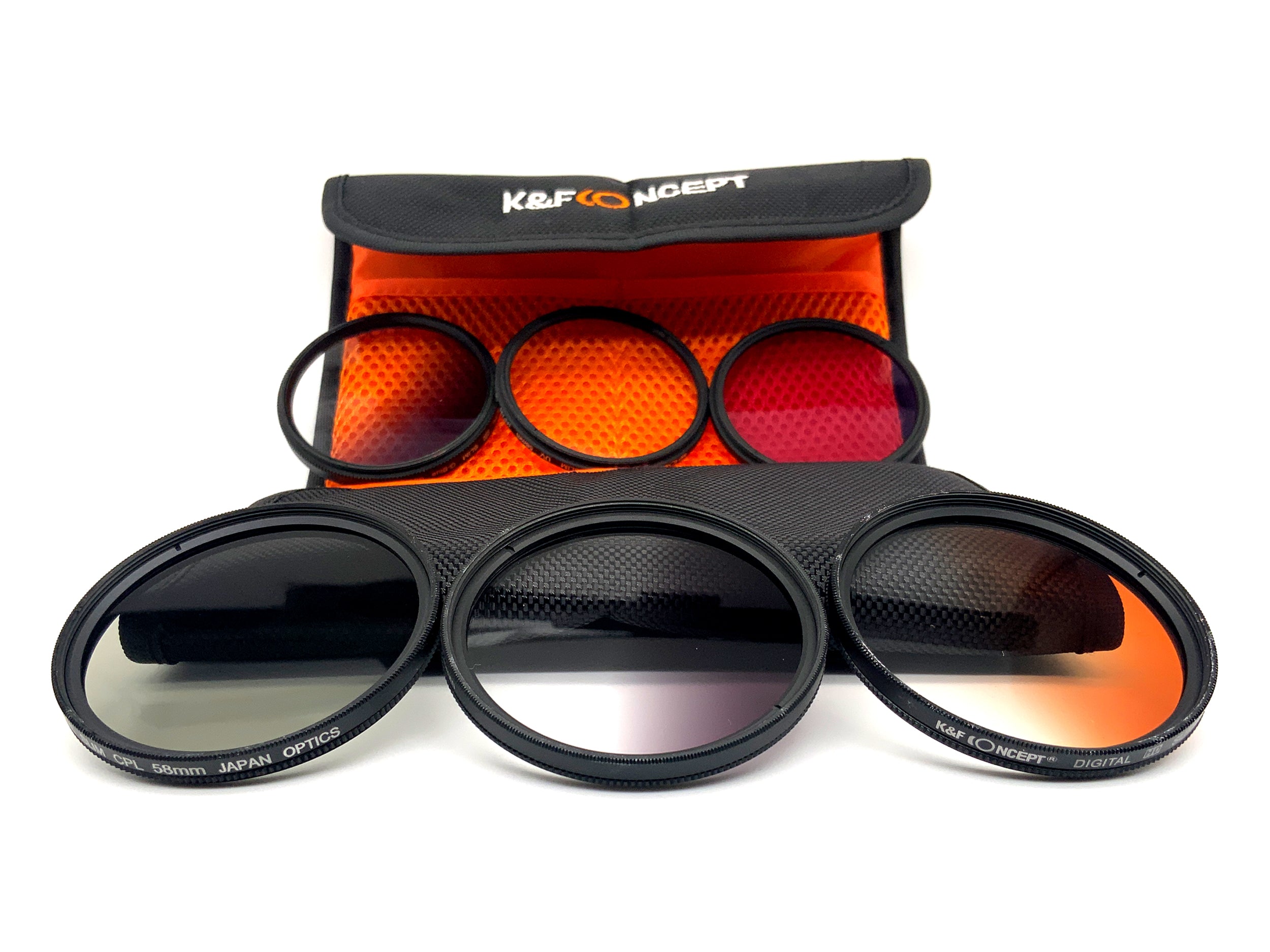 K&F Concept 6er Set UV, CPL, FLD, Verlaufsfilter Orange/Blue/Grey Filter 58mm