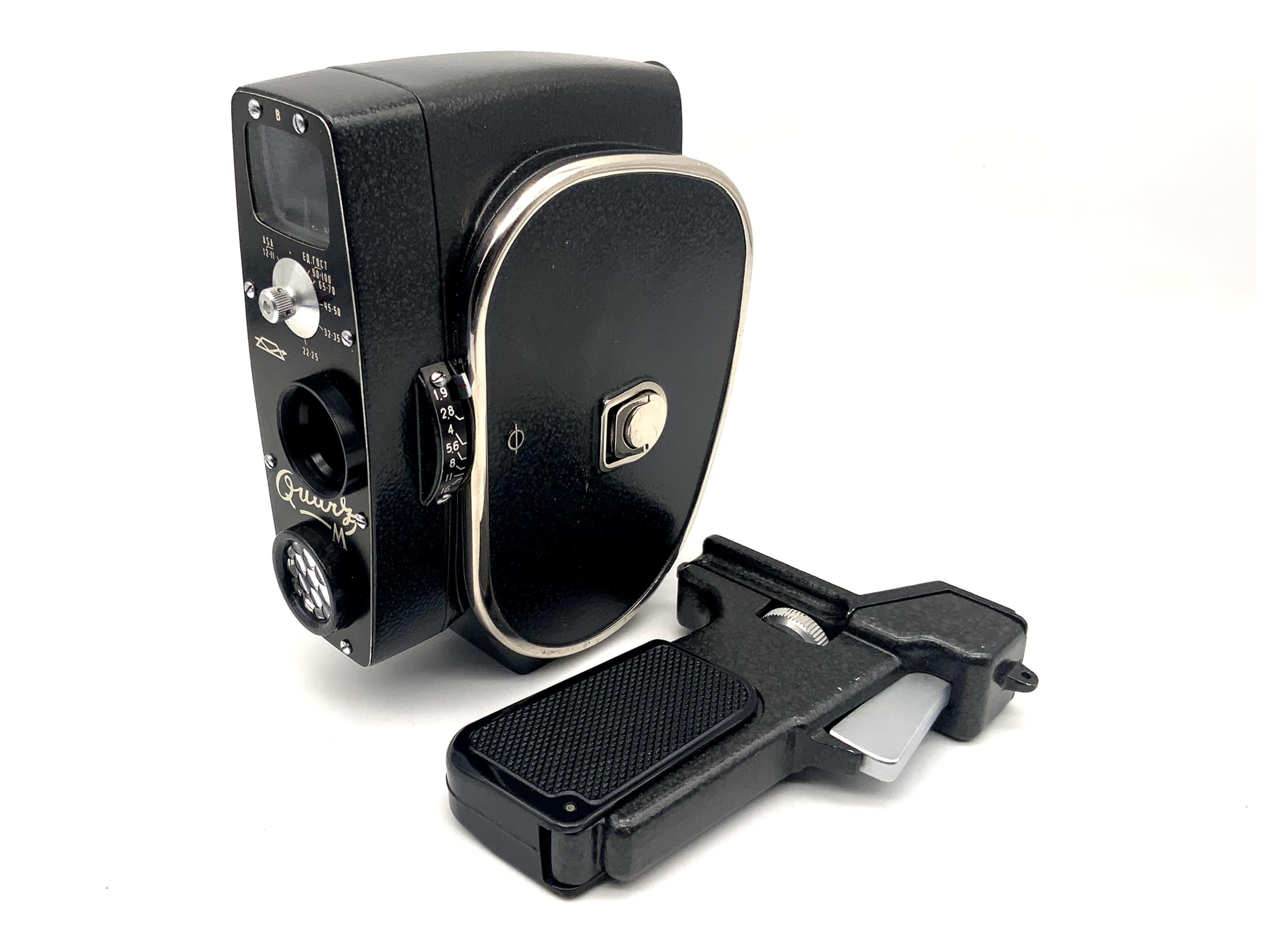 Zenit Quarz M film camera with 1.9/12.5mm lens and grip for dual 8mm film.