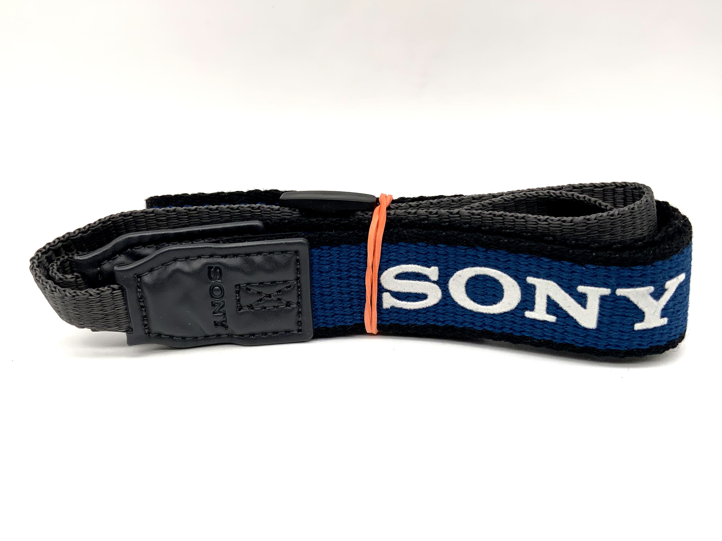 Sony approx. 23mm wide strap, blue, neck/shoulder strap, camera strap.
