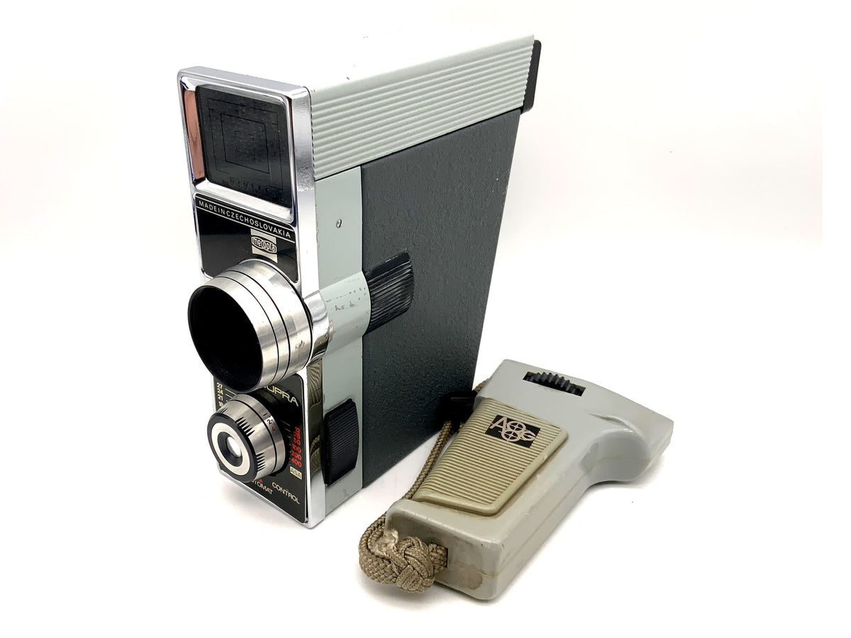 Meopta A8G2 Supra film camera with Mirar 2.8/13 lens and grip for dual 8mm film.