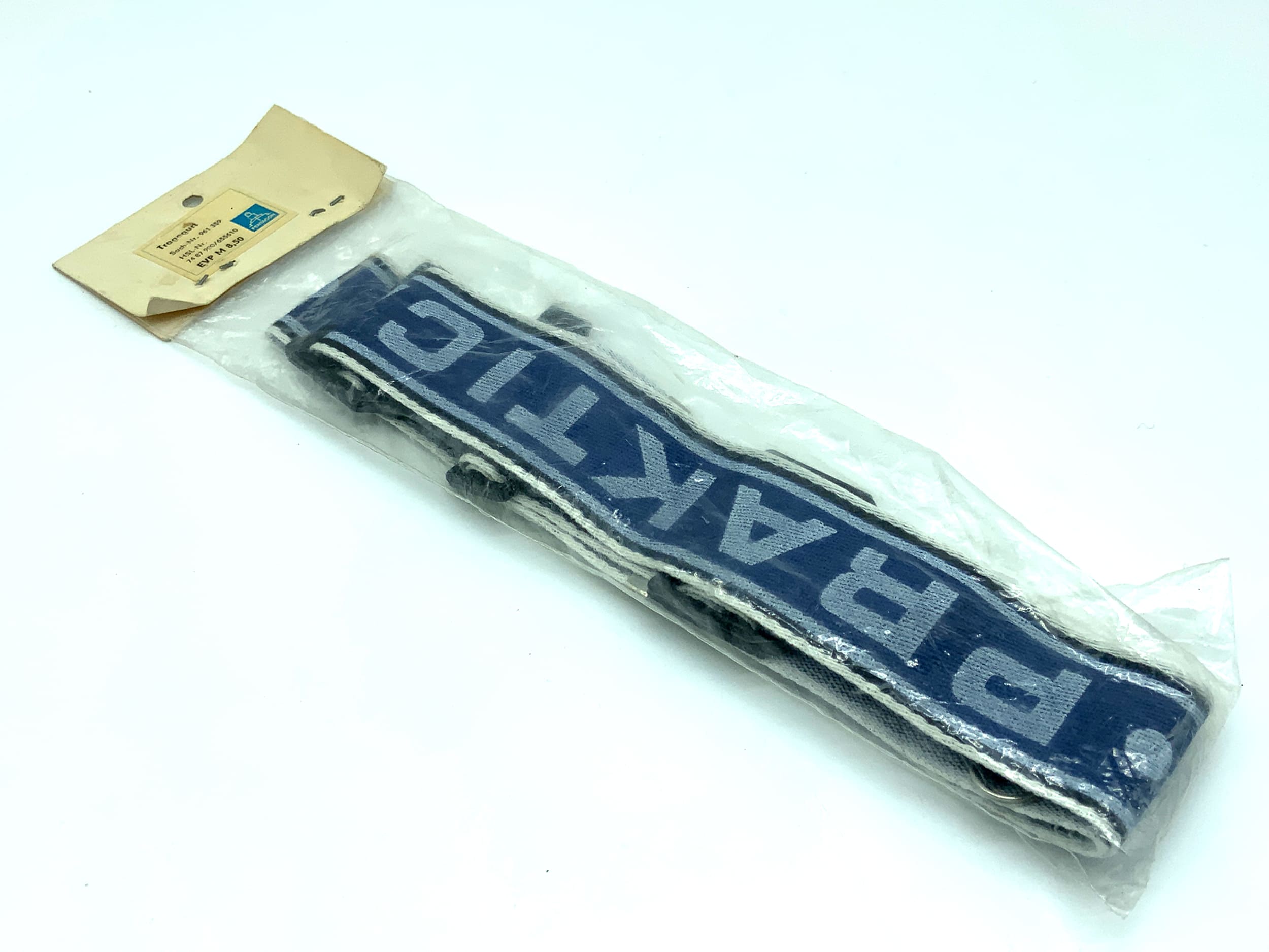 Praktica strap, blue/white, in original packaging: neck strap, shoulder strap, camera strap.