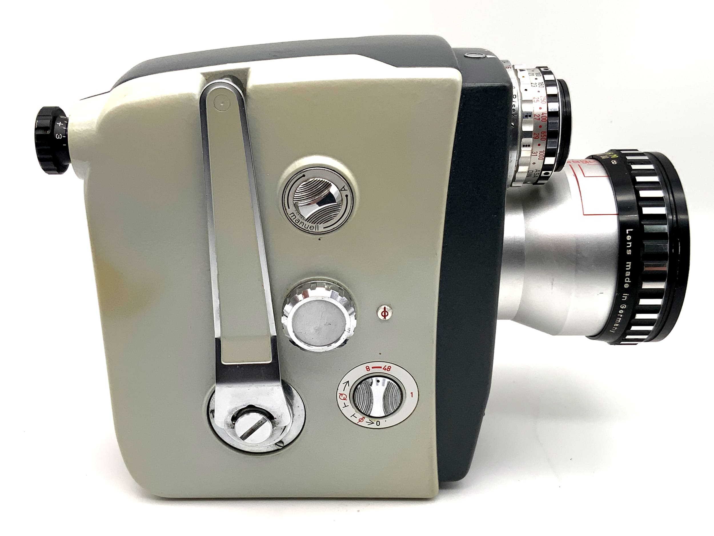 Agfa Movex reflex film camera with Variogon 1:1.8/7.5-37.5 lens and grip, double 8mm