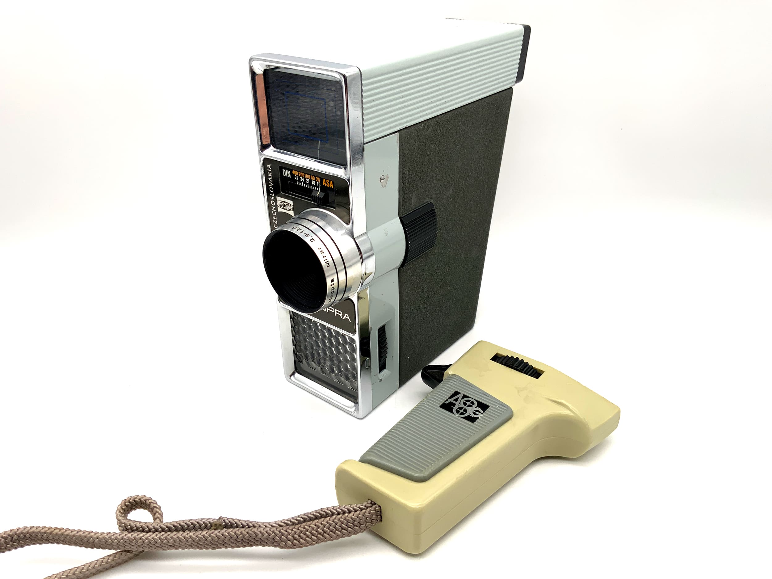 Meopta A8G1 Supra film camera with Mirar 2.8/12.5 16mm lens and grip for narrow-gauge film