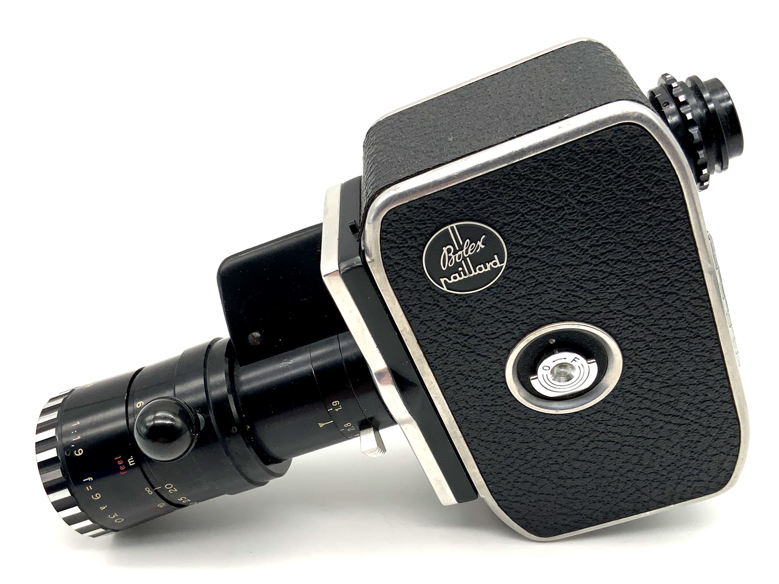 Bolex Paillard Zoom Reflex P2 film camera with 1:1.9 f=9-30mm lens and grip with dual 8mm lens