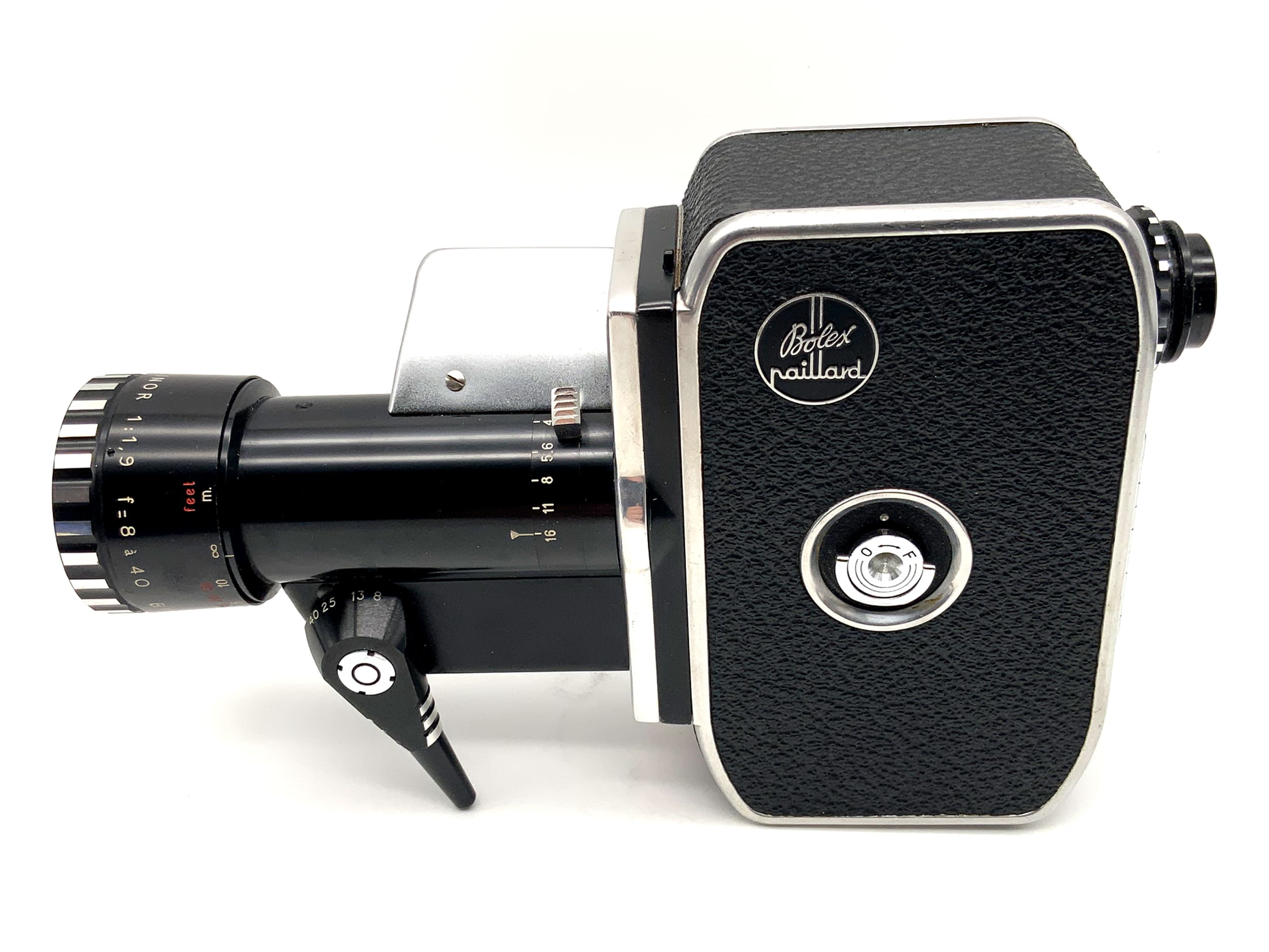 Bolex Paillard Zoom Reflex P1 film camera with 1:1.9 f=8-40mm lens and grip, double 8mm lens