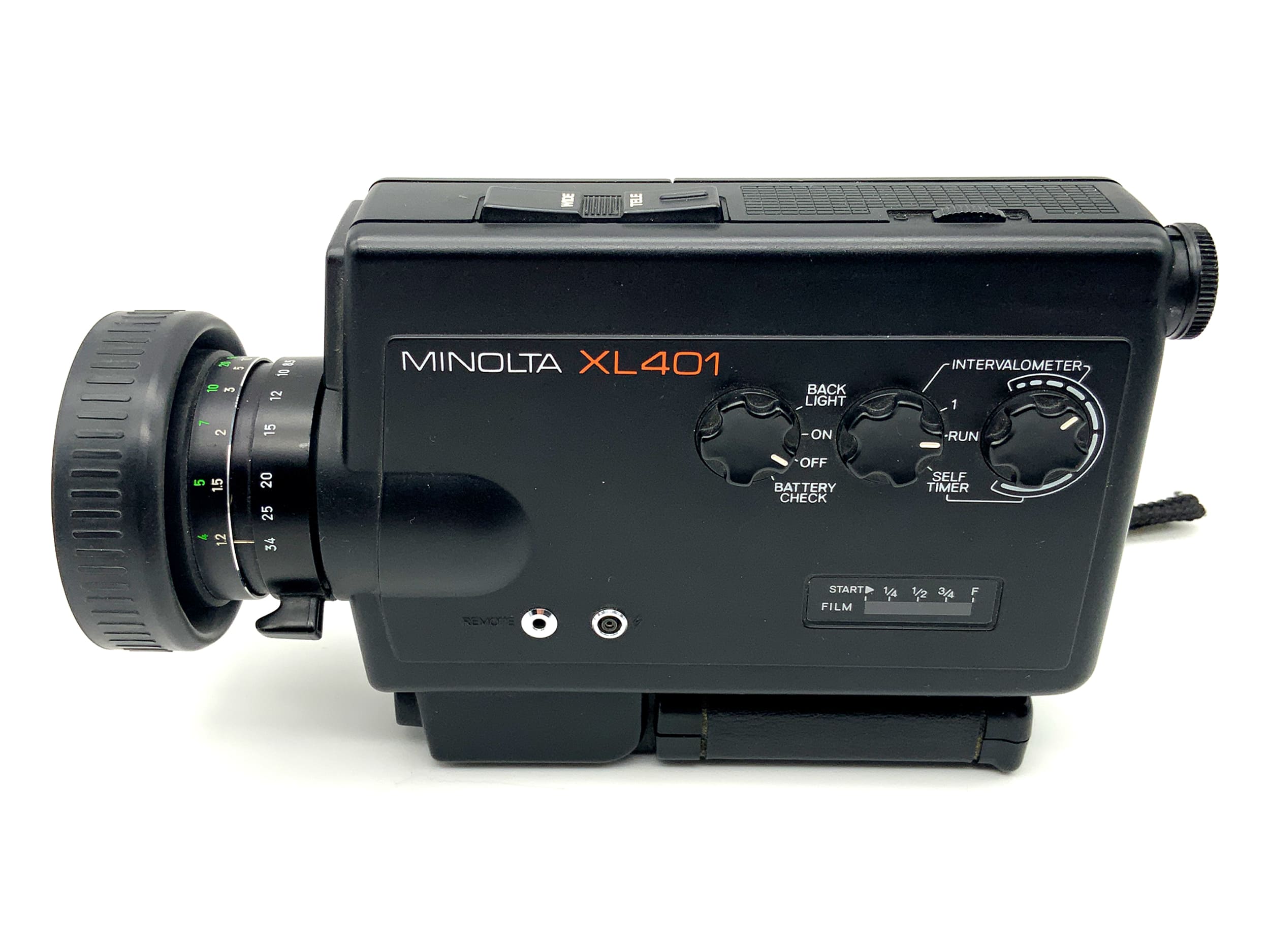 Minolta XL401 film camera with zoom Rokkor Macro 1:1.2/8.5-34 Super 8 narrow film