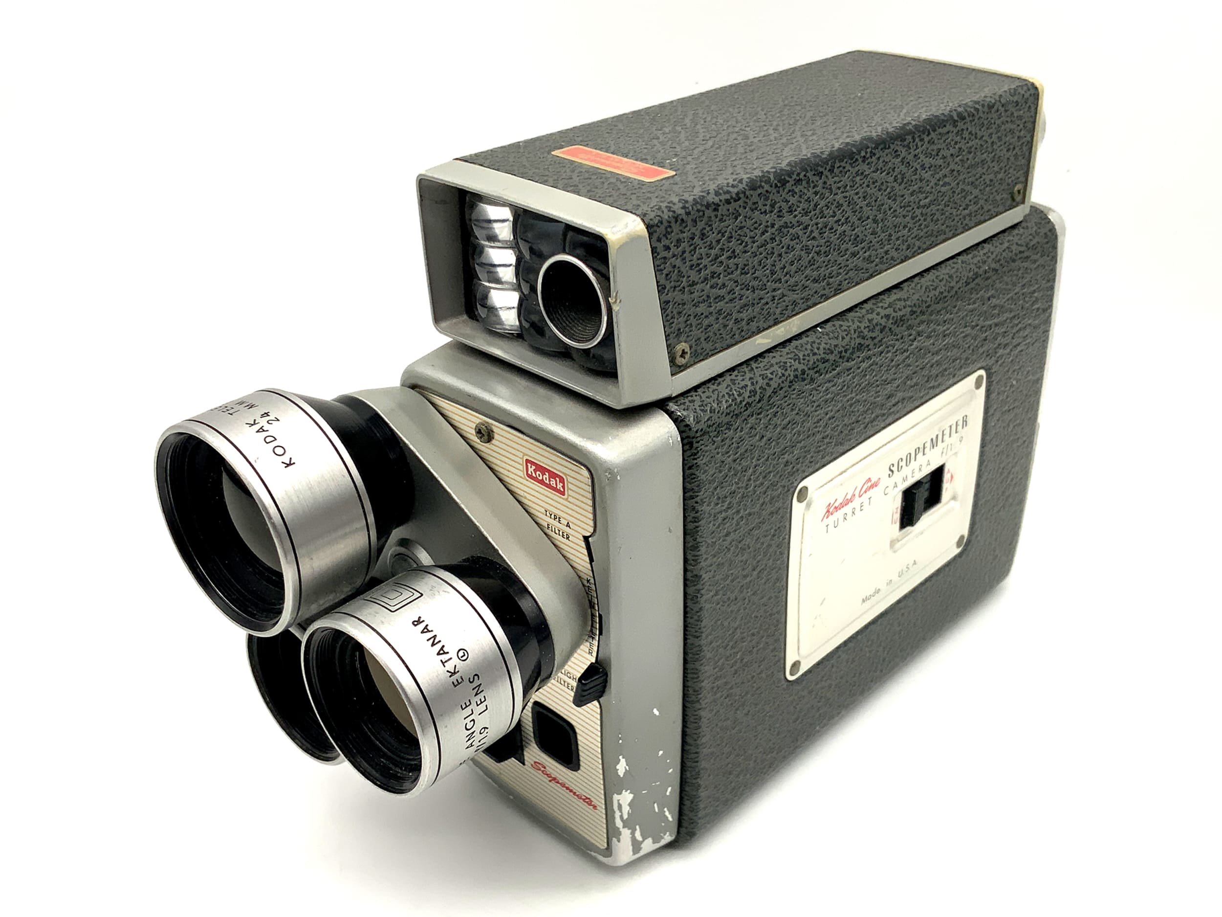 Kodak Scopemeter film camera with Ektanar f/1.9 telephoto lens, wide angle dual 8mm