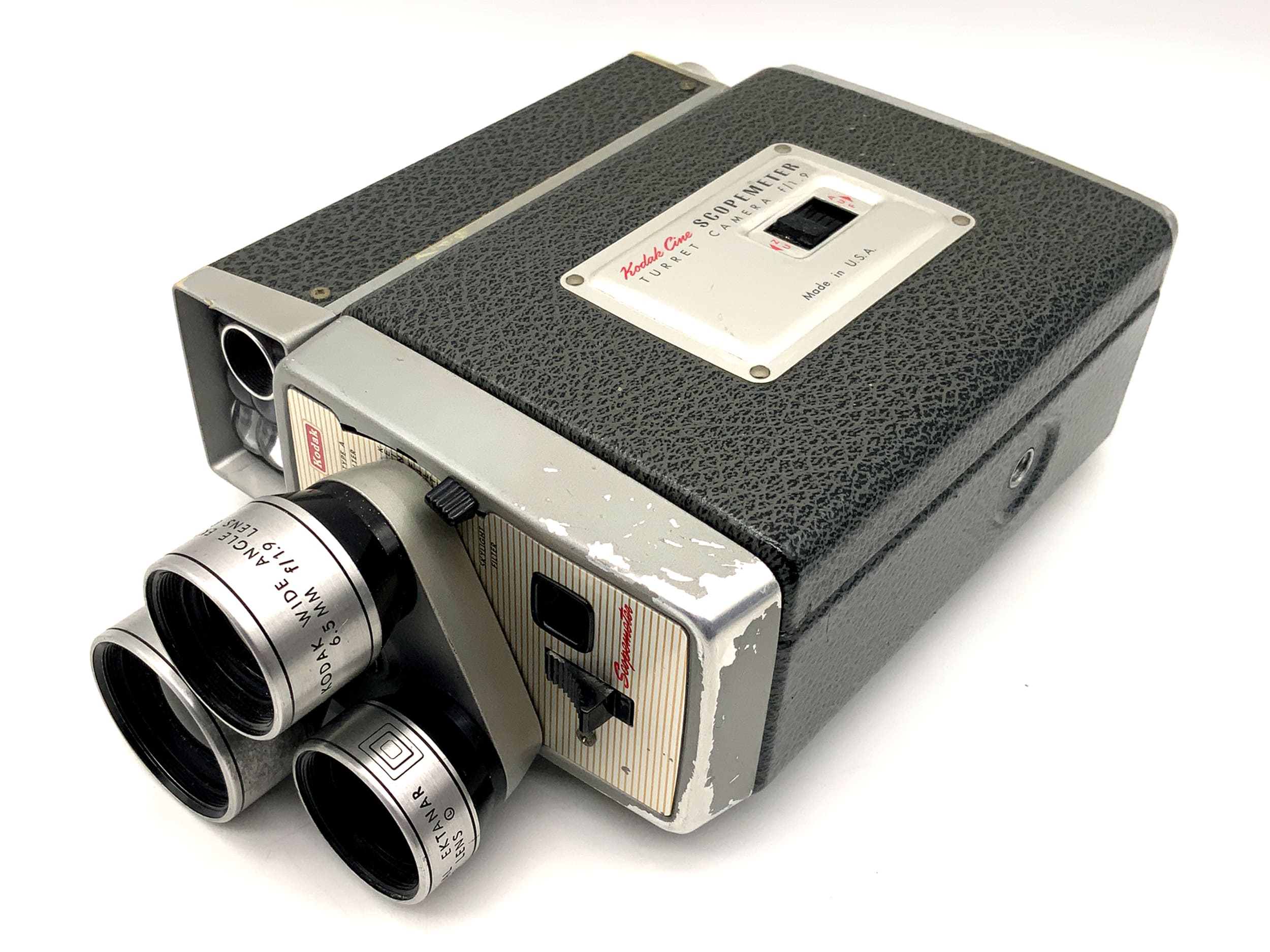 Kodak Scopemeter film camera with Ektanar f/1.9 telephoto lens, wide angle dual 8mm