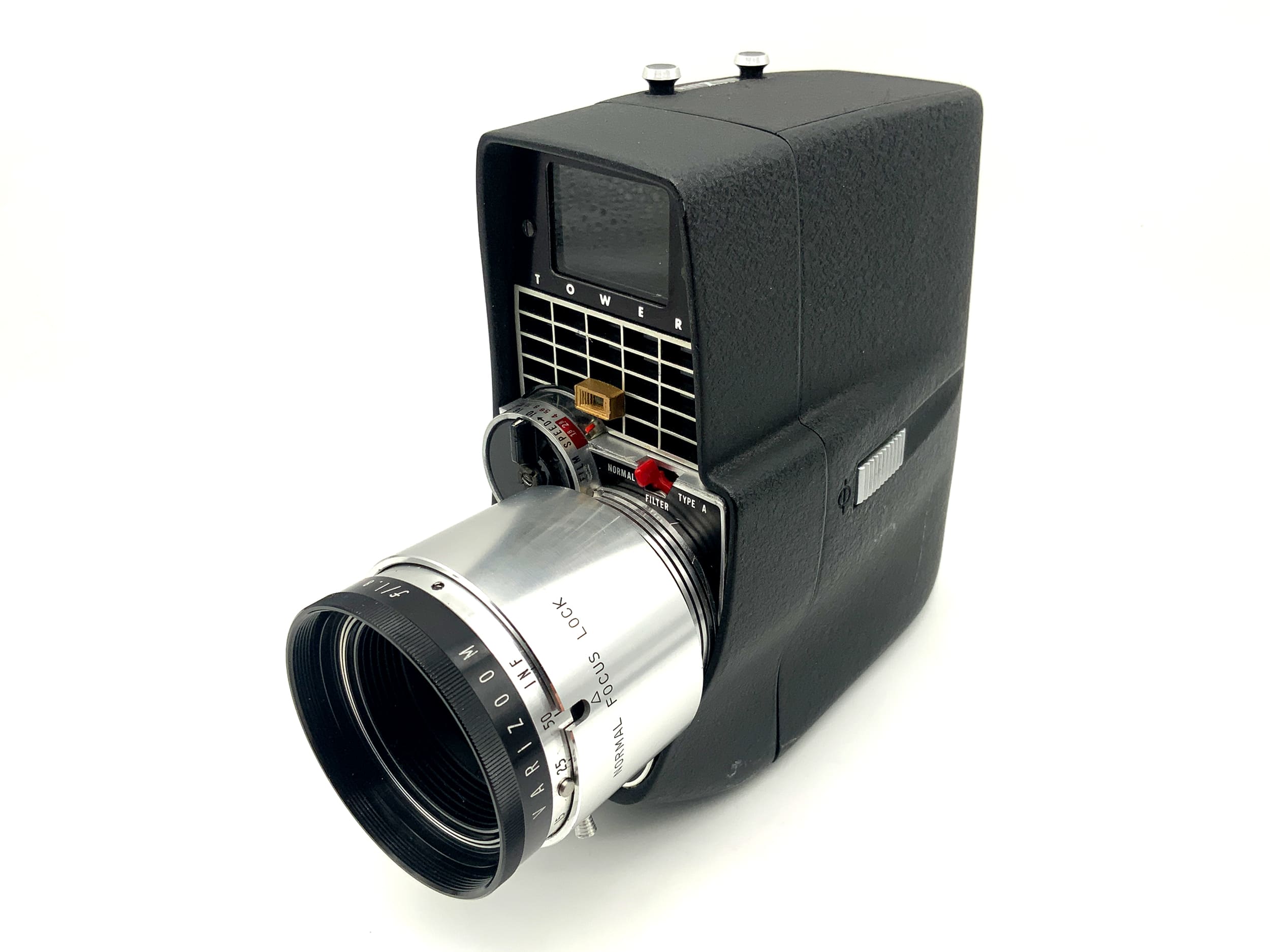 Tower Varizoom film camera with f/1.8 9-27mm dual 8mm narrow film